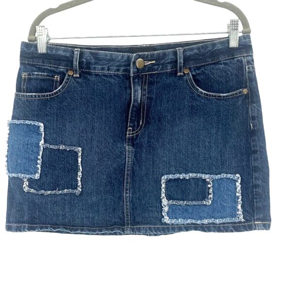 Vintage Y2K Joe Boxer Patchwork Denim Mini Skirt Sz 7 Retro Frayed Jean Festival - Picture 1 of 7